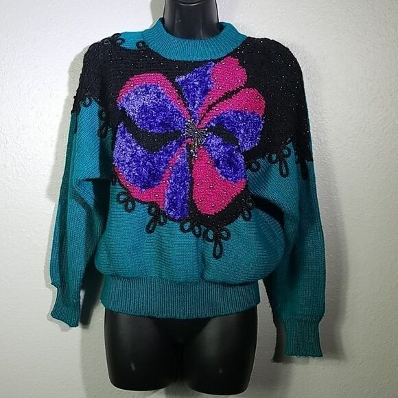 Vintage 80s Embellished Floral Knit Sweater Md - Picture 2 of 5